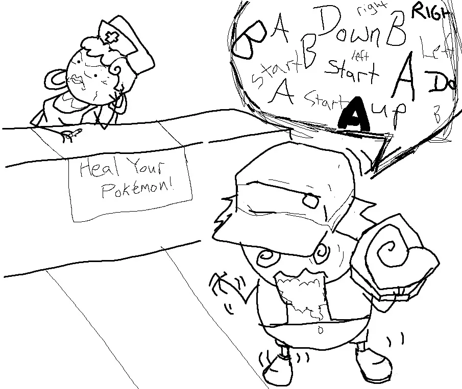 Drawing of Pokemon player at nurse statsion with speech bubble full of Twitch chat commands"