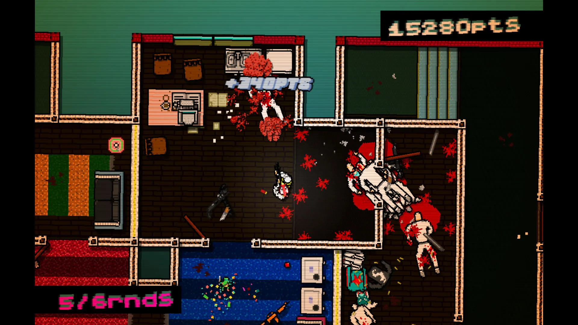 Hotline Miami gameplay screenshot dead enemies in a blood-spattered room