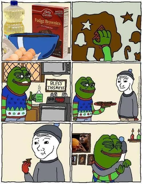 Pepe and Wojak making Christmas cookies and hugging