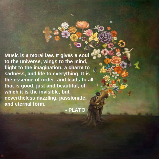 Music is a moral law. It gives a soul to the universe, wings to the mind, flight to the imagination, a charm to sadness, and life to everything. It is the essence of order, and leads to all that is good, just and beautiful, of which it is the invisible, but nevertheless dazzling, passionate, and eternal form.