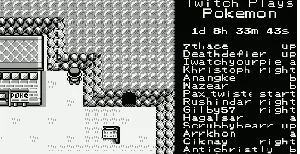 Twitch Plays Pokemon stream gif with Pokemon gameplay beside a live command feed