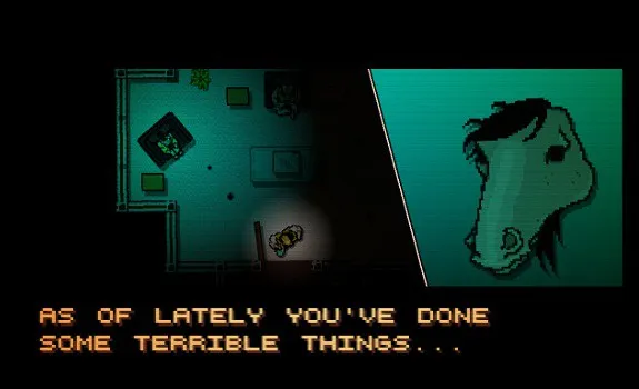 Hotline Miami cutscene with the horse-masked figure saying, "As of lately you've done some terrible things..."