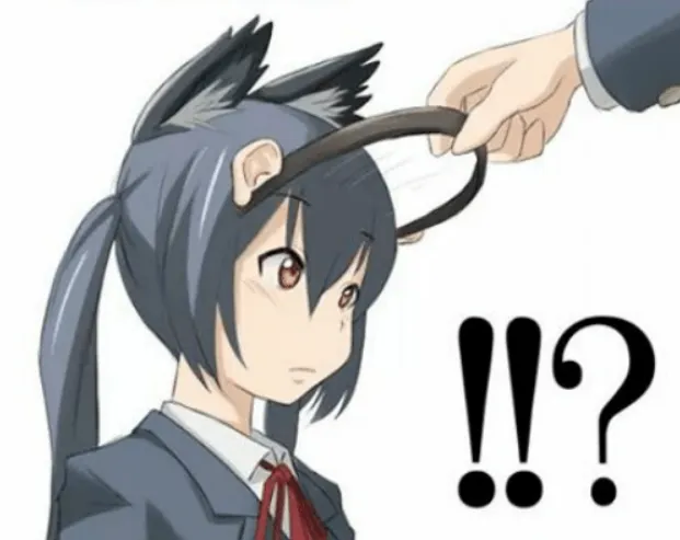 Anime catgirl joke showing a cat-ear headband being removed from Azusa Nakano's hair, revealing that the cat ears are part of her head and not the headband. The text reads "!!?"