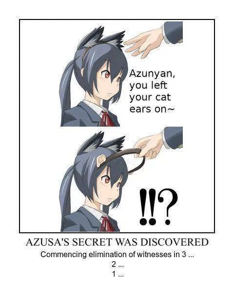 Meme variation captioned "Azusa's secret was discovered" beneath the cat-ear reveal comic