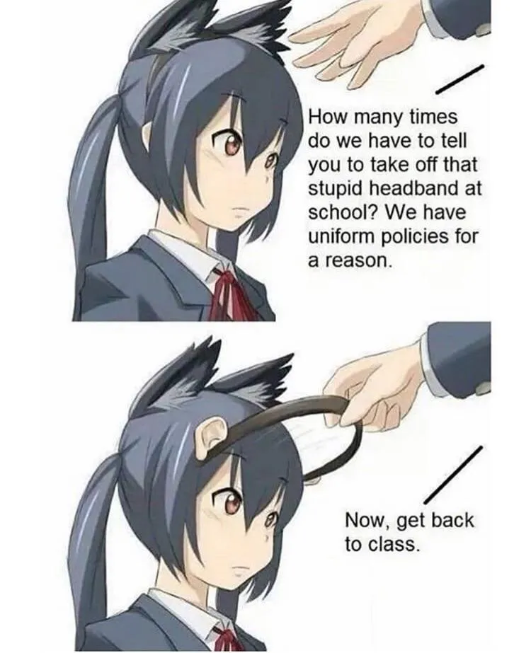 Two-panel comic explaining that Azusa Nakano wore a cat-ear reveal comic with text "How many times do we have to tell you to take off that stupid handbad at school? We have uniform policies for a reason."