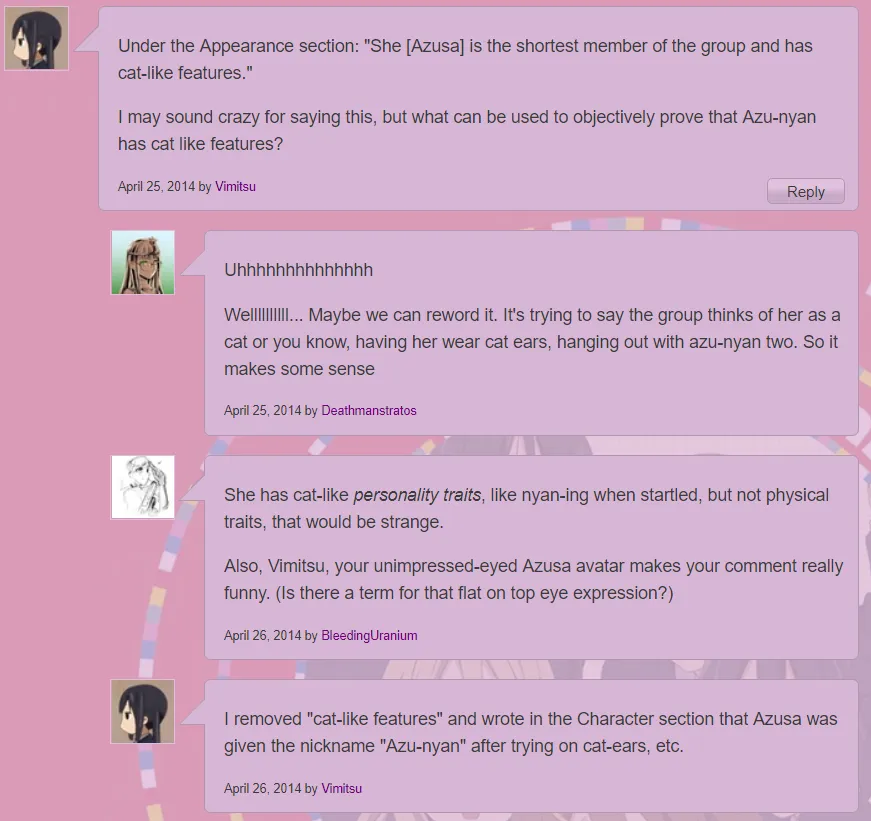 Screenshot of comments debating whether Azusa Nakano has cat-like features
