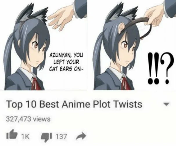YouTube-style screenshot of the cat-ear reveal comic titled "Top 10 Best Anime Plot Twists"