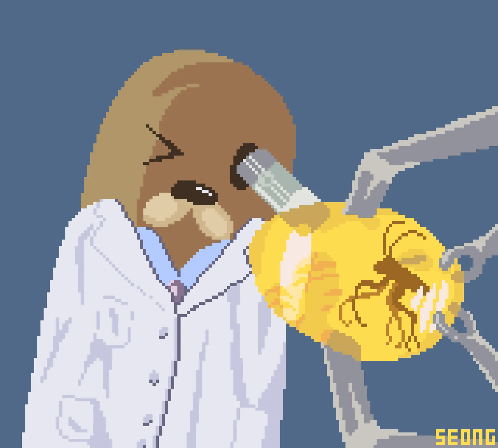 Gondola looking into an fossilised bug trapped in amber.