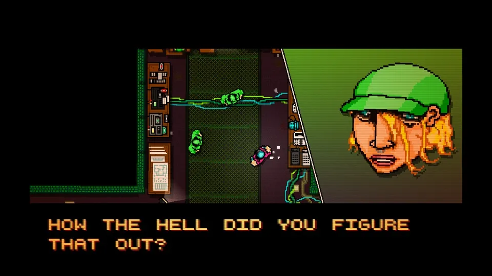 Hotline Miami cutscene where Biker asks, "How the hell did you figure that out?"