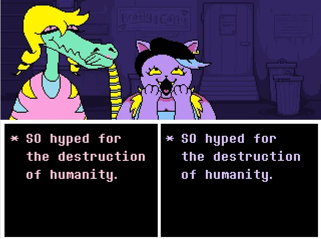 Undertale screenshot of Bratty and Catty saying they are so hyped for the destruction of humanity