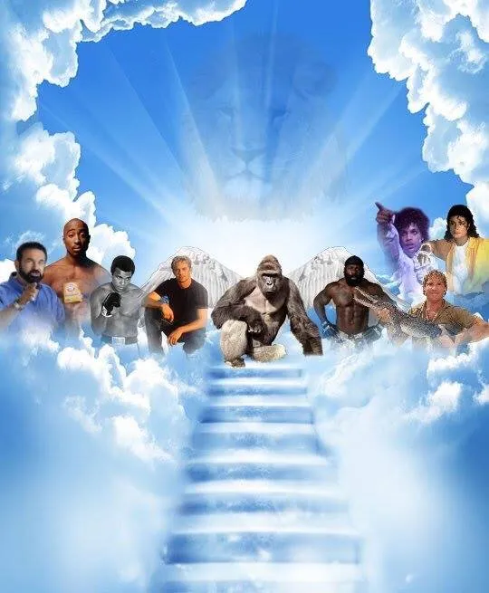 Harambe and deceased celebrities gathered on a stairway to heaven