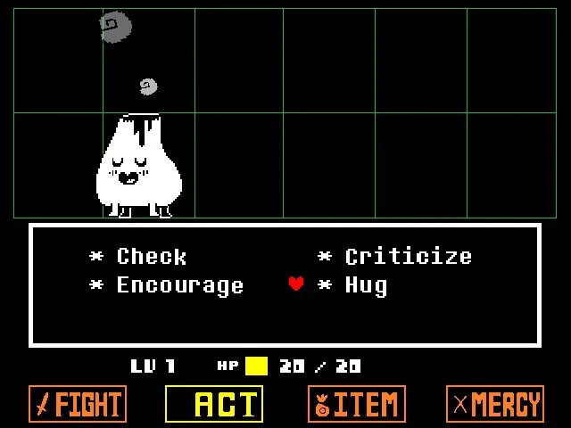 Undertale battle screenshot with ACT menu options including Check, Encourage, Criticize, and Hug