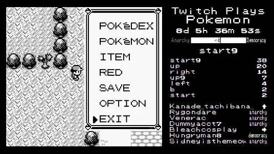 Twitch Plays Pokemon screenshot showing Player's pause menu open beside the live command feed