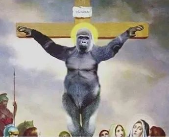 Religious painting-style meme of Harambe crucified