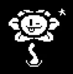Undertale sprite of Flowey winking and sticking out its tongue on a black background