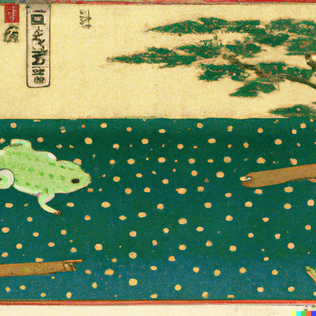 DALL-E 2 artwork for Frog 1, using the translation by Masaoka Shiki. A frog leaps into the image from the left; a gentle and polite little animal, its eyes are relaxed and curious.