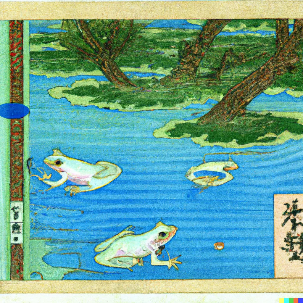 DALL-E 2 artwork for Frog 2, using the translation by Lafcadio Hearn. A translation of the poem featuring more than one frog is a rarity.