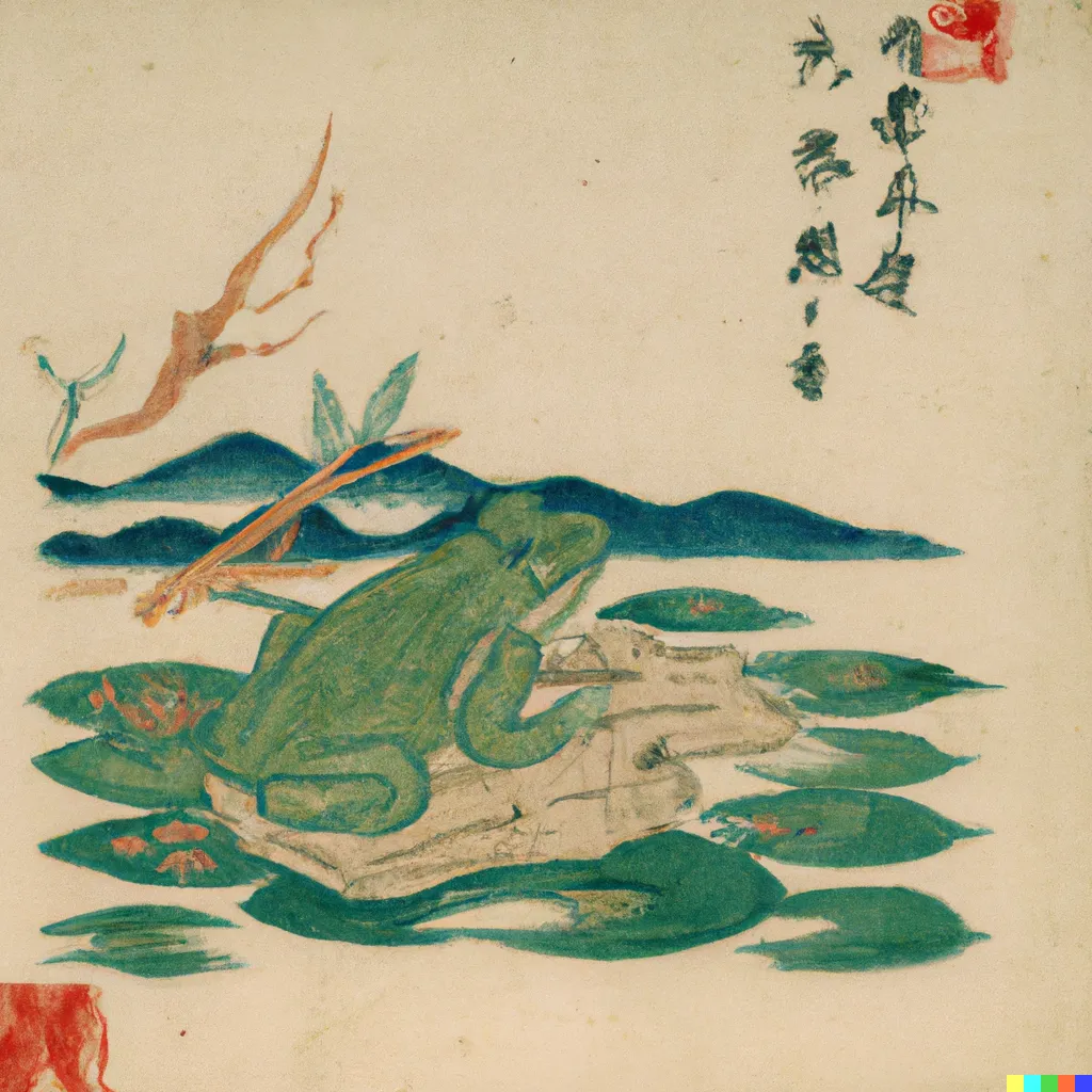 DALL-E 2 artwork for Frog 3, using the translation by W. G. Aston. The word "ancient" seems to be an important keyword for DALL-E.