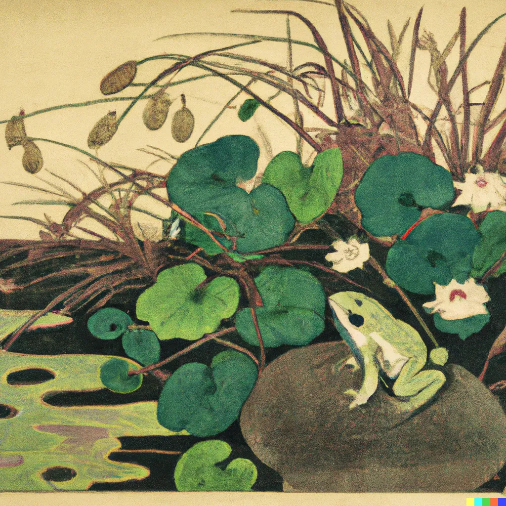 DALL-E 2 artwork for Frog 4, using the translation by Basil Hall Chamberlain. The juxtaposition of the little frog and the plants in various stages of wilting and blooming is reminiscent of Ohara Koson, famous for his observant prints of plants and gentle animals, often rendered against a minimal or blank background.