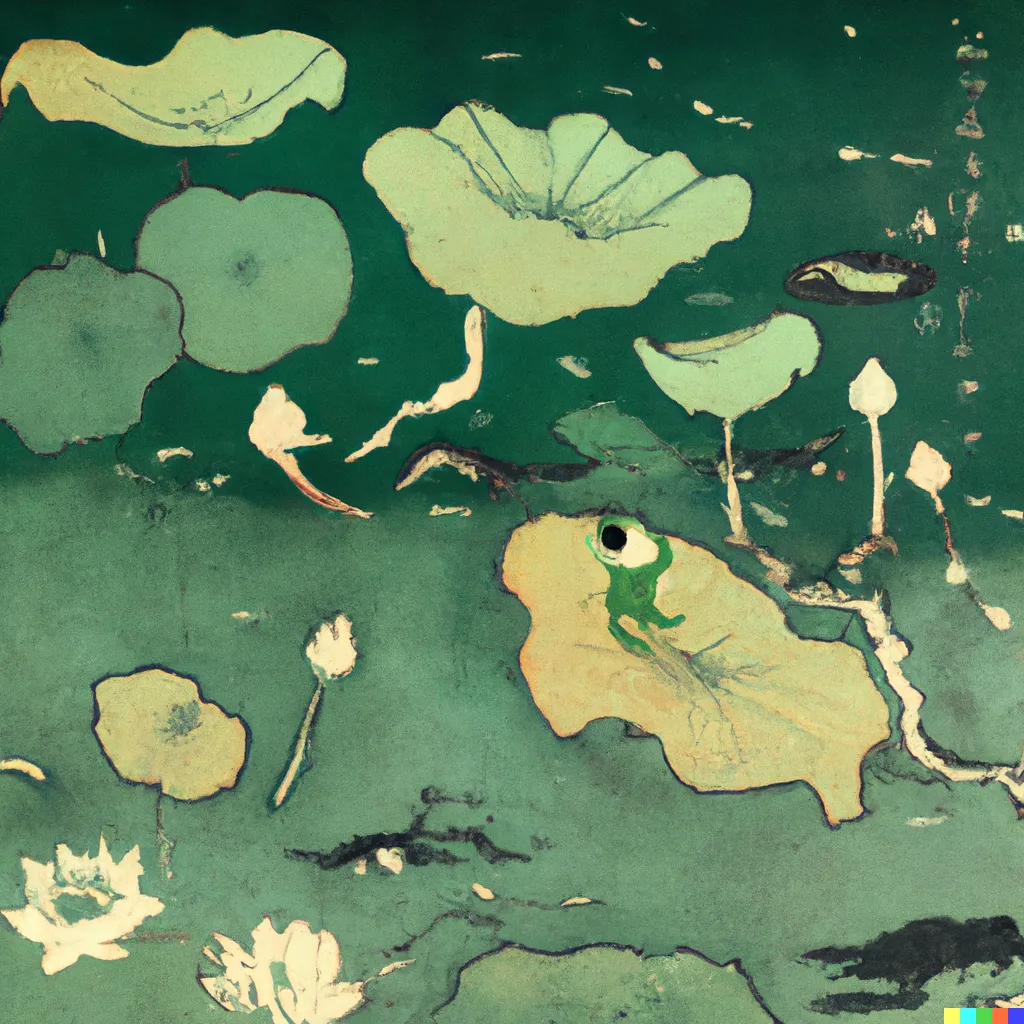 DALL-E 2 artwork for Frog 5, using the translation by Clara A. Walsh. The translation returned rather wobbly and underdefined shapes.