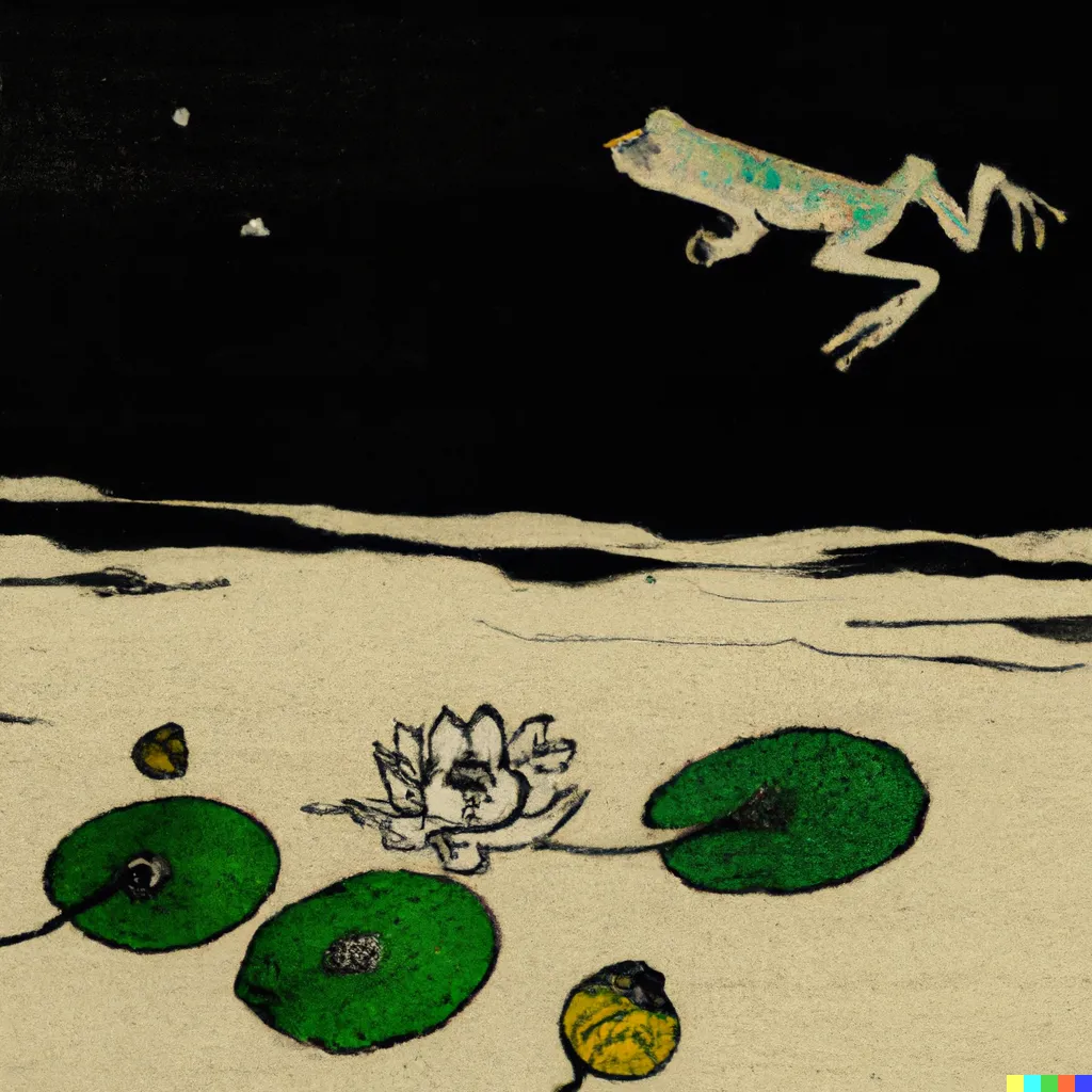 DALL-E 2 artwork for Frog 6, using the translation by William J. Porter. The frog leaps into the pitch-black night sky, becoming a part of it but for a moment, as the lotus flower beneath is a part of the pond.