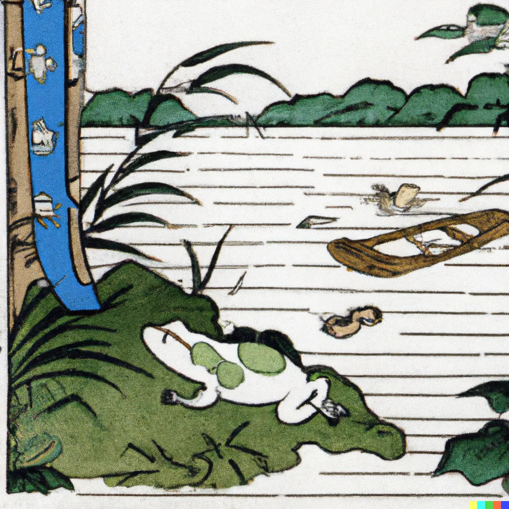 DALL-E 2 artwork for Frog 7, using the translation by Gertrude Emerson. A frog lays flat atop a mossy boulder, as a boat floats by in the background.