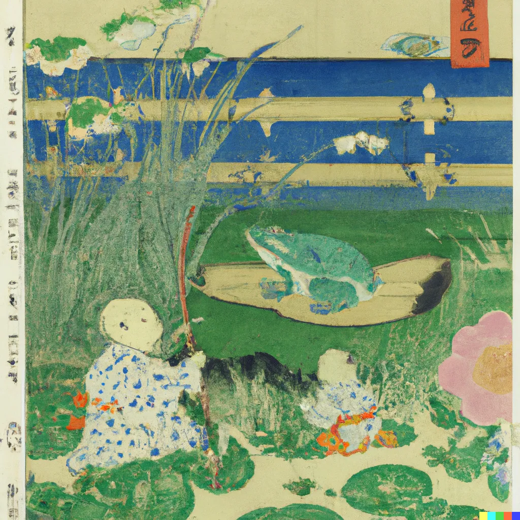 DALL-E 2 artwork for Frog 8, using the translation by Yone Noguchi. Two children observe an enormous frog.