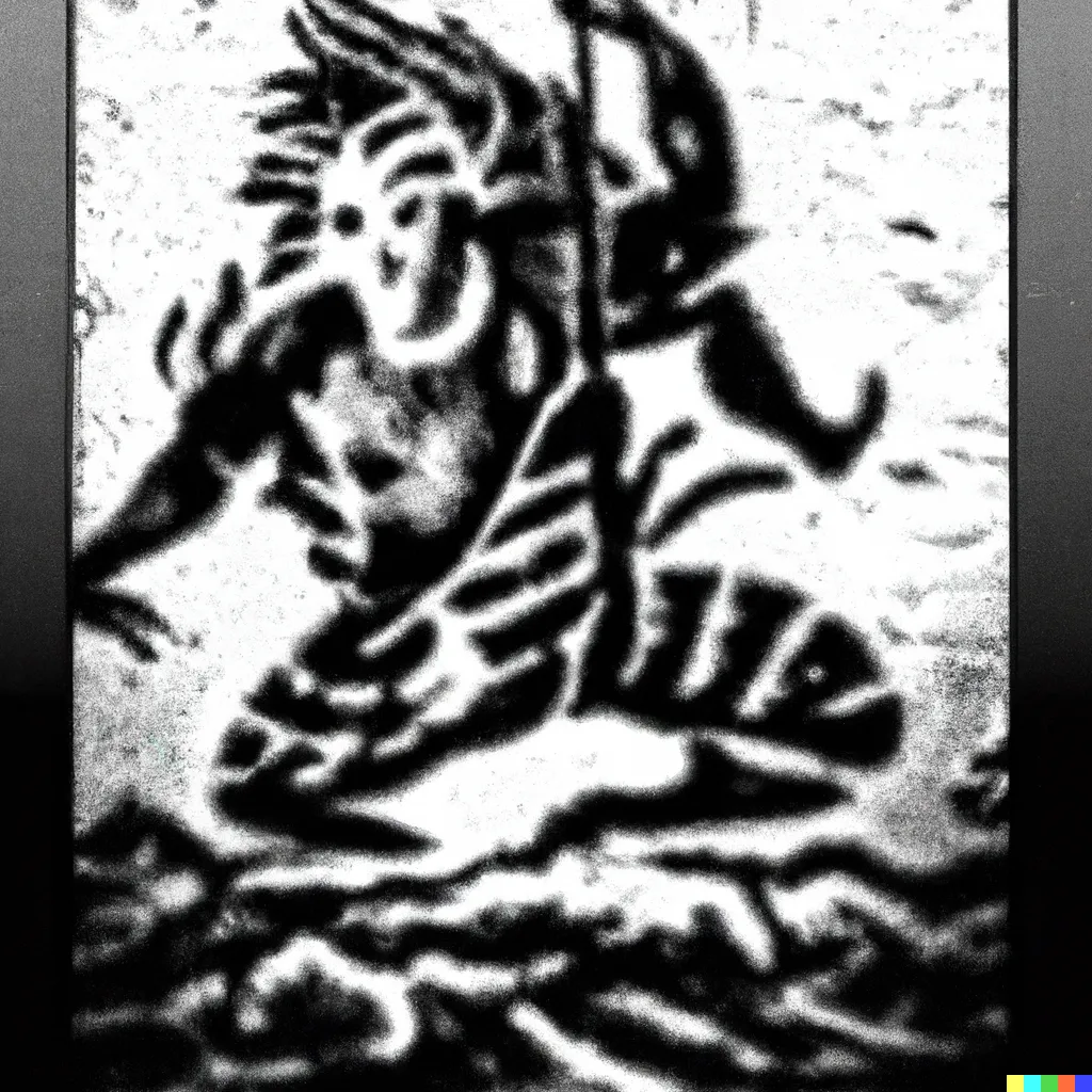 DALL-E 2 artwork for Frog 9, using the translation by Curtis Hidden Page. This translation seemed to activate a "nightmare vision" in the model, and consistently produced images resembling horror-film stills and black metal album covers.