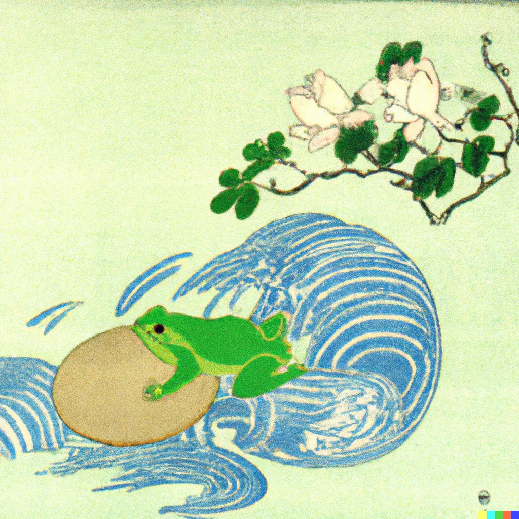 DALL-E 2 artwork for Frog 10, using the translation by Inazo Nitobe. The frog is concentrating hard as it rides the tiny wave on top of a surfboard made of an empty egg.