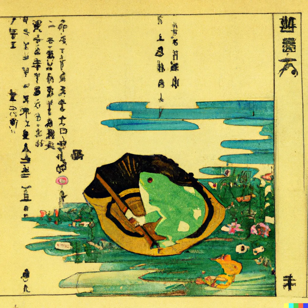 DALL-E 2 artwork for Frog 11, using the translation by John Thomas Bryan. This frog is about to sail out on a dried leaf.