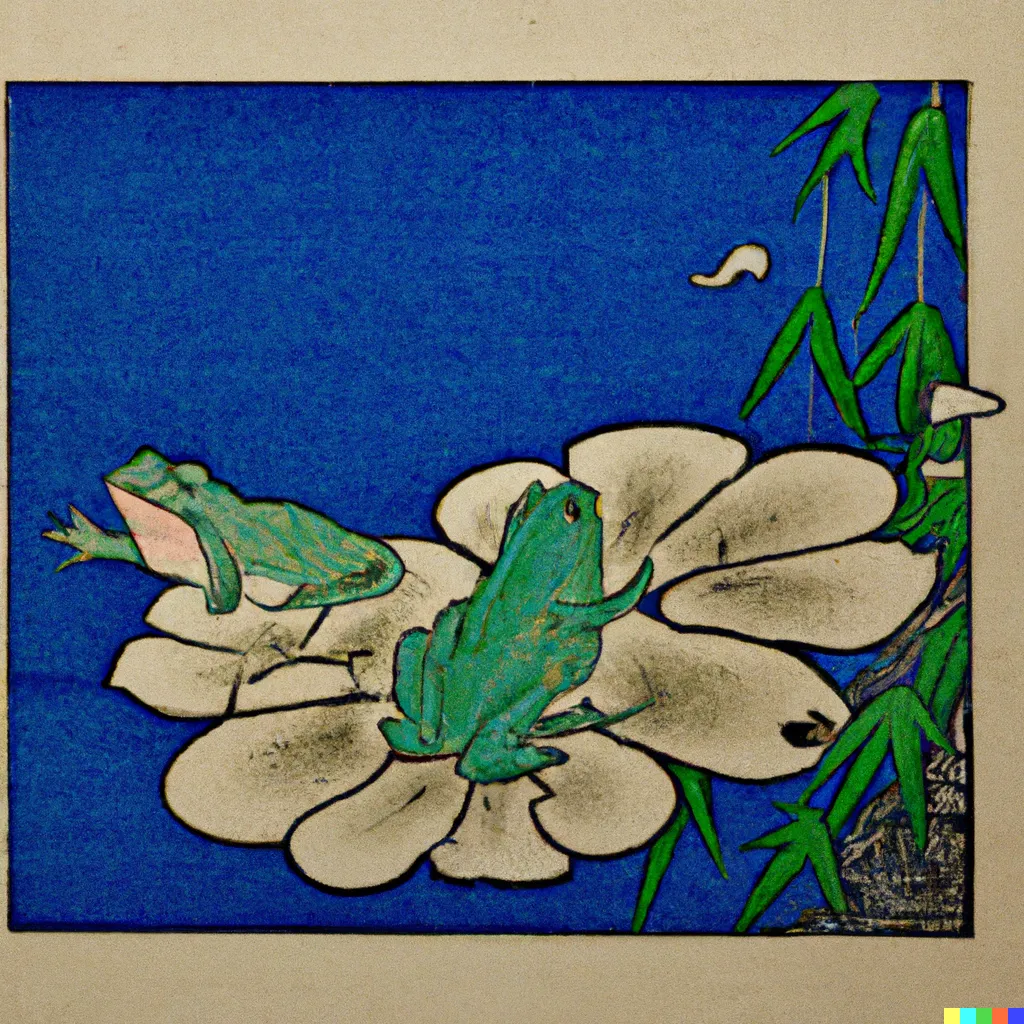 DALL-E 2 artwork for Frog 12, using the translation by Asataro Miyamori. Two frogs rise from a bed made of a flower, one still hugging a pillow of petal as the other stretches its legs.