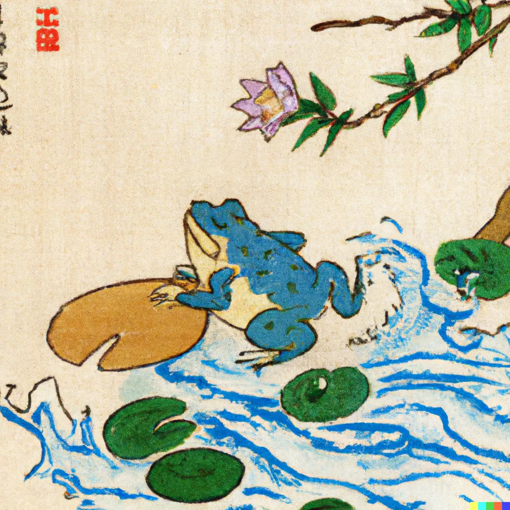 DALL-E 2 artwork for Frog 13, using the translation by Asataro Miyamori. Yet another frog with its own surfboard, this time made of a dried lotus leaf.