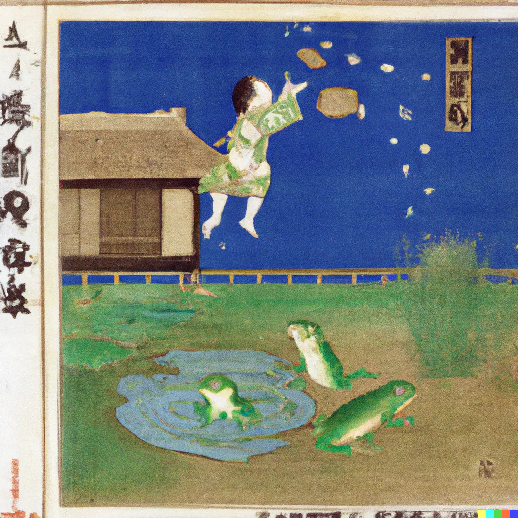 DALL-E 2 artwork for Frog 14, using the translation by Asataro Miyamori. There are many folktales in East Asia involving kind-hearted people whose charity toward animals is repaid in gold and silver.