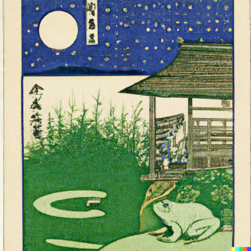 DALL-E 2 artwork for Frog 15, using the translation by Asataro Miyamori. A wistful frog looks up into the starry night sky.