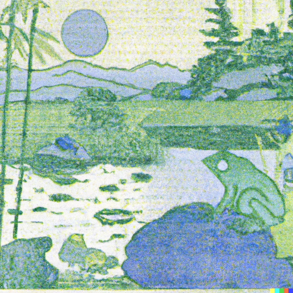 DALL-E 2 artwork for Frog 16, using the translation by Hidesaburo Saito. The hazy, faded print and the green outlines of this image make it look like an illustration accompanying a Western medieval fairytale, included as part of an anthology of abridged stories.