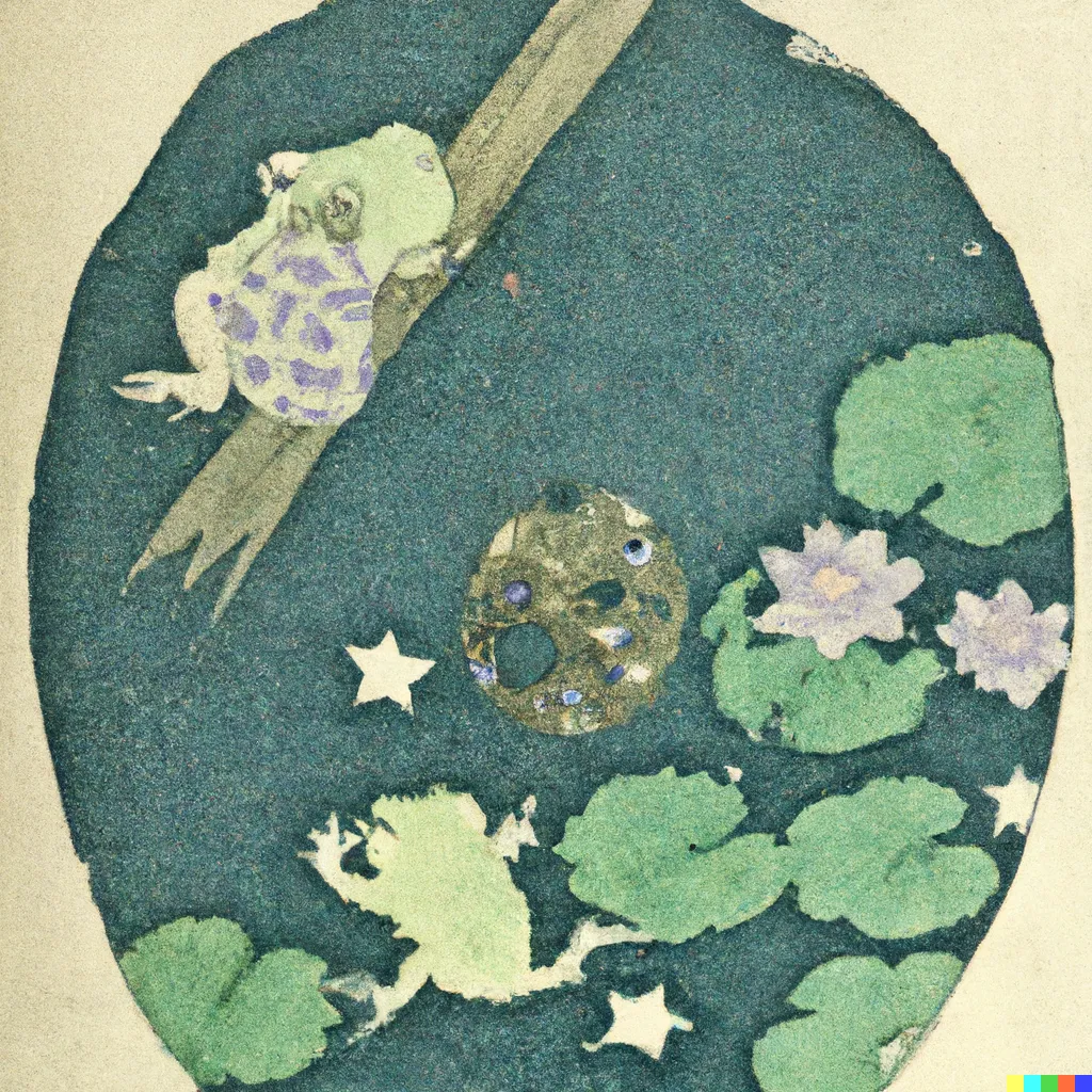 DALL-E 2 artwork for Frog 17, using the translation by Minoru Toyoda. I adore the way this image is framed.