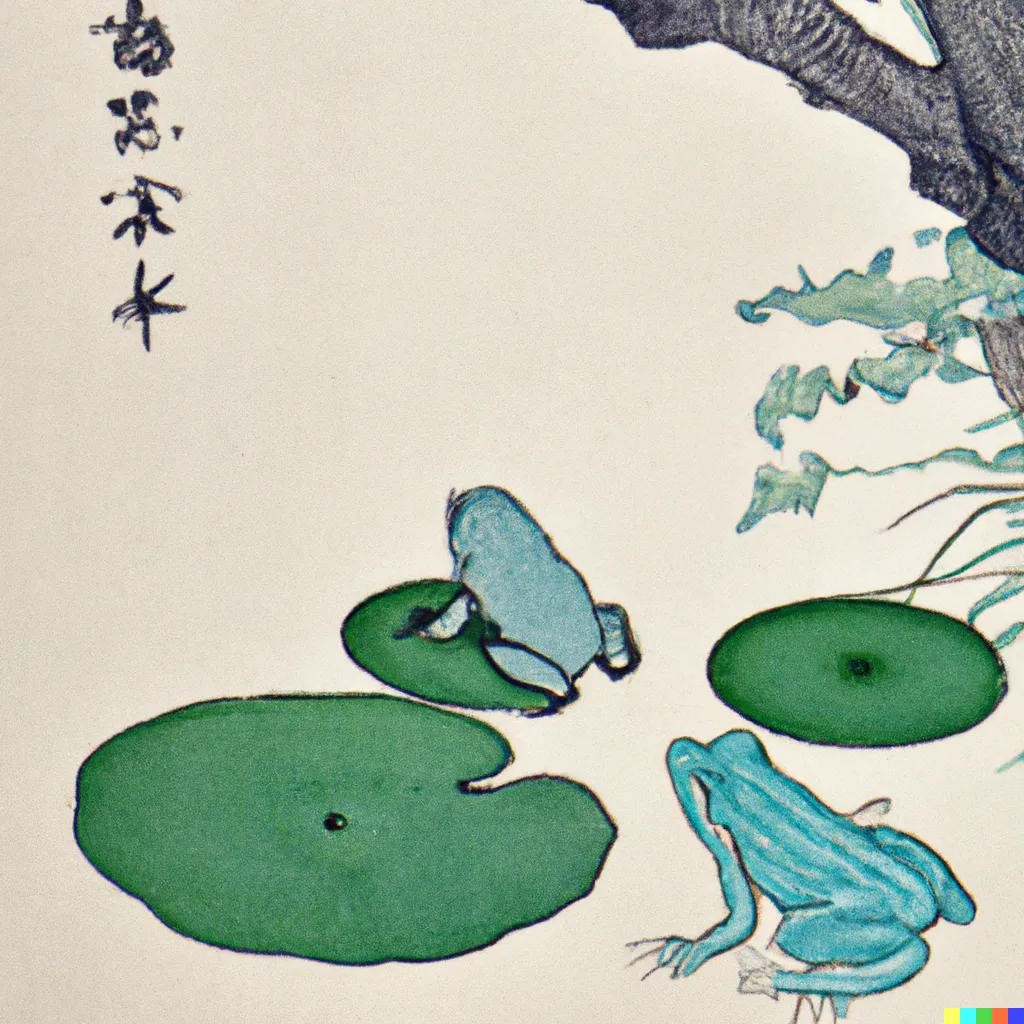 DALL-E 2 artwork for Frog 18, using the translation by Harold G. Henderson. One frog approaches another from behind in this sparse scene of a pond.