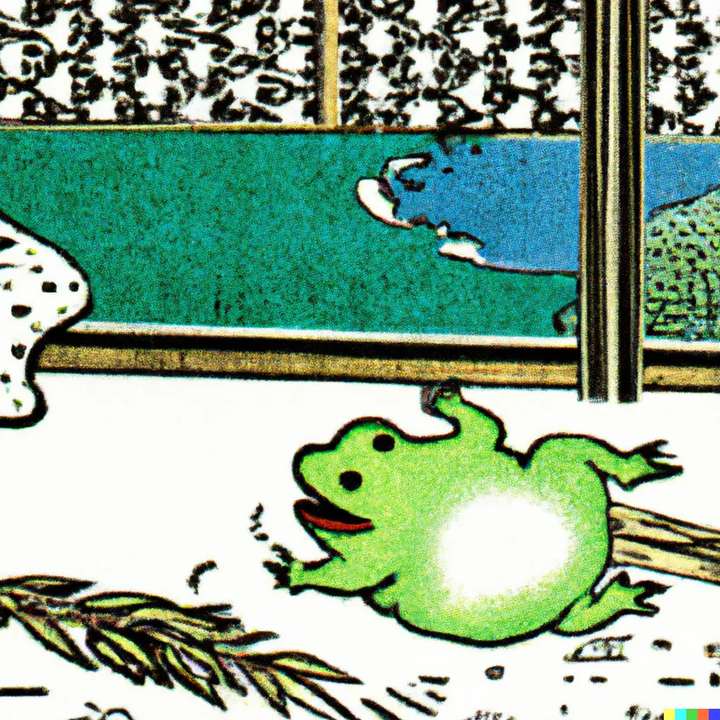DALL-E 2 artwork for Frog 19, using the translation by Fumiko Saisho. This eccentric transliteration consistently produced delightful output.