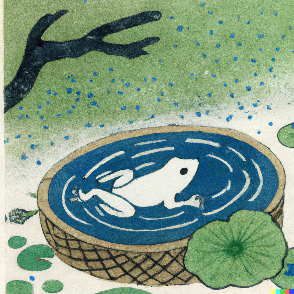 DALL-E 2 artwork for Frog 20, using the translation by Inazo Nitobe. This humble frog doesn't mind that its pond is so small.