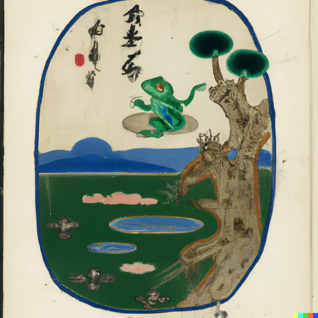 DALL-E 2 artwork for Frog 21, using the translation by Daisetz T. Suzuki. The word "ancient" seems to be a reliable keyword for invoking classical styles.