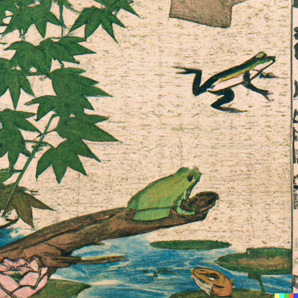 DALL-E 2 artwork for Frog 22, using the translation by R. H. Blyth. A shy and timid frog watches a boisterous and daring frog plunge into the pond.