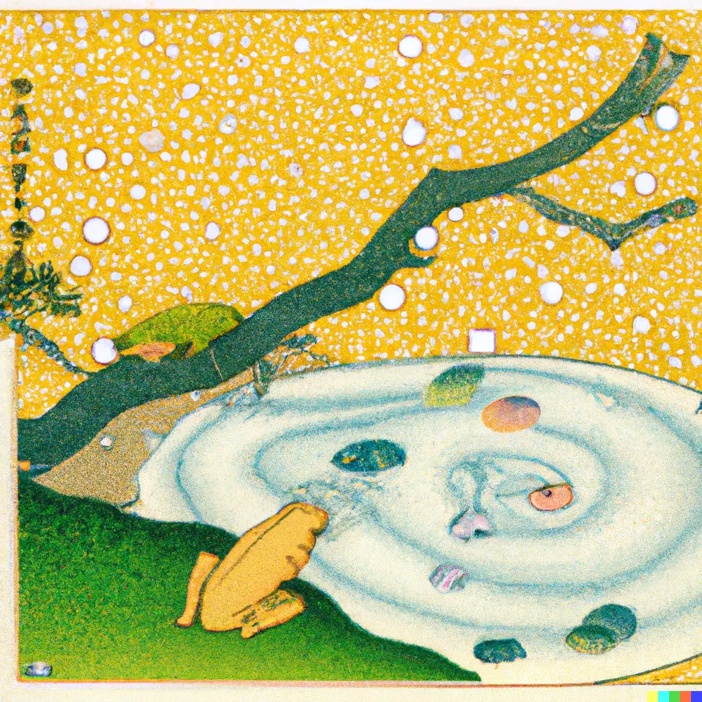 DALL-E 2 artwork for Frog 23, using the translation by Kenneth Yasuda. The vibrant and expansive backdrop of bright gold, speckled throughout with geometric decorations, is reminiscent of Gustav Klimt during his "Golden Phase".