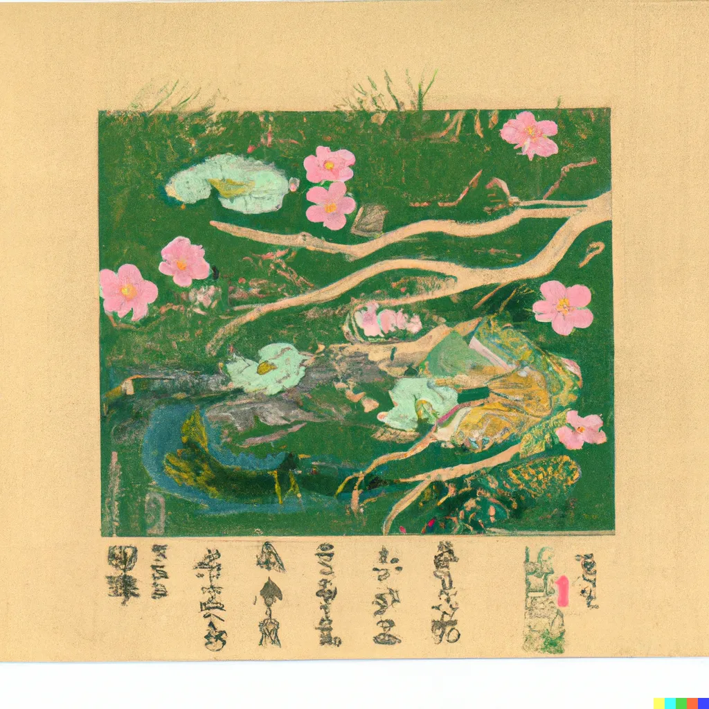 DALL-E 2 artwork for Frog 24, using the translation by R. H. Blyth. A crumpled pile of kimono, beneath a cherry blossom tree, presented alongside a poem about a frog (a spring season word), make the erotic nature of the scene all too apparent.