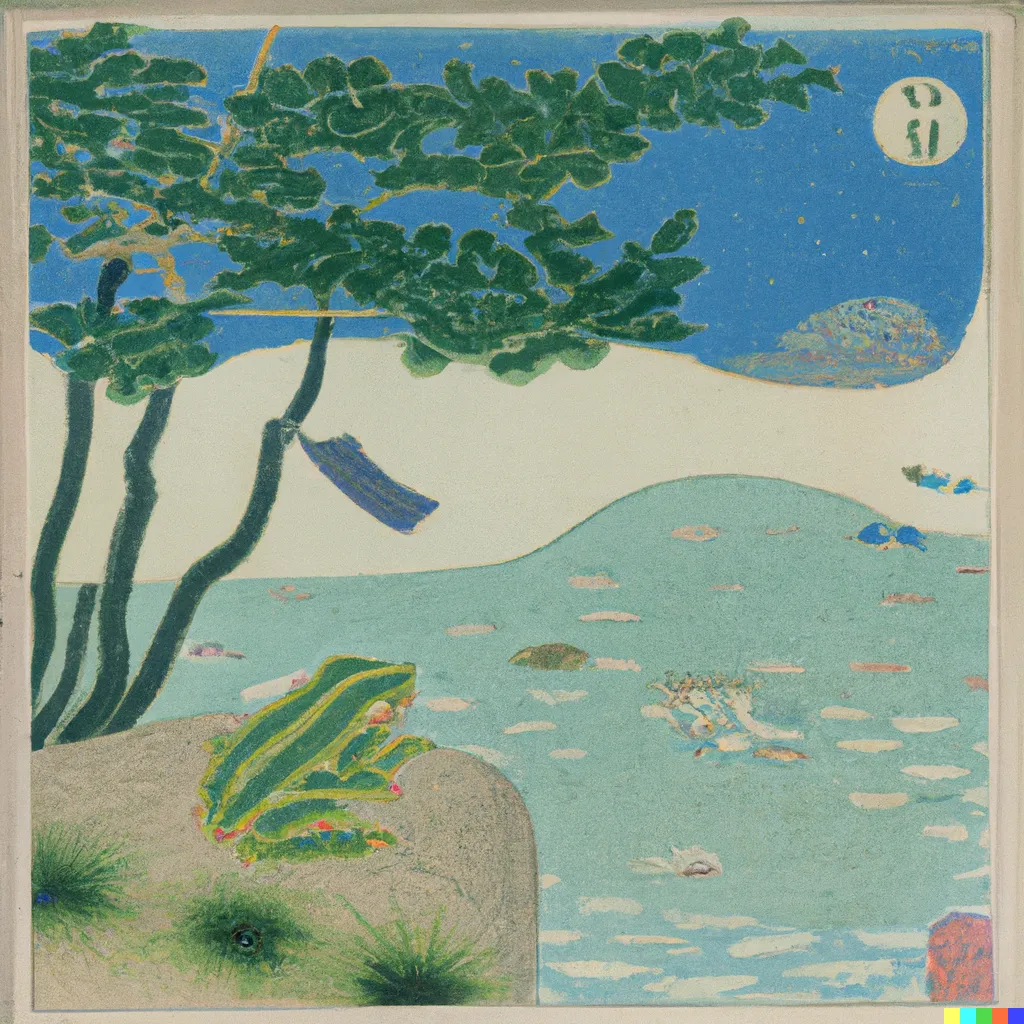 DALL-E 2 artwork for Frog 25, using the translation by G. S. Fraser. The childlike image shows a watermelon-patterned frog gazing out at the sea from atop a cliff, like a tiny and awkward Wanderer above the Sea of Fog.