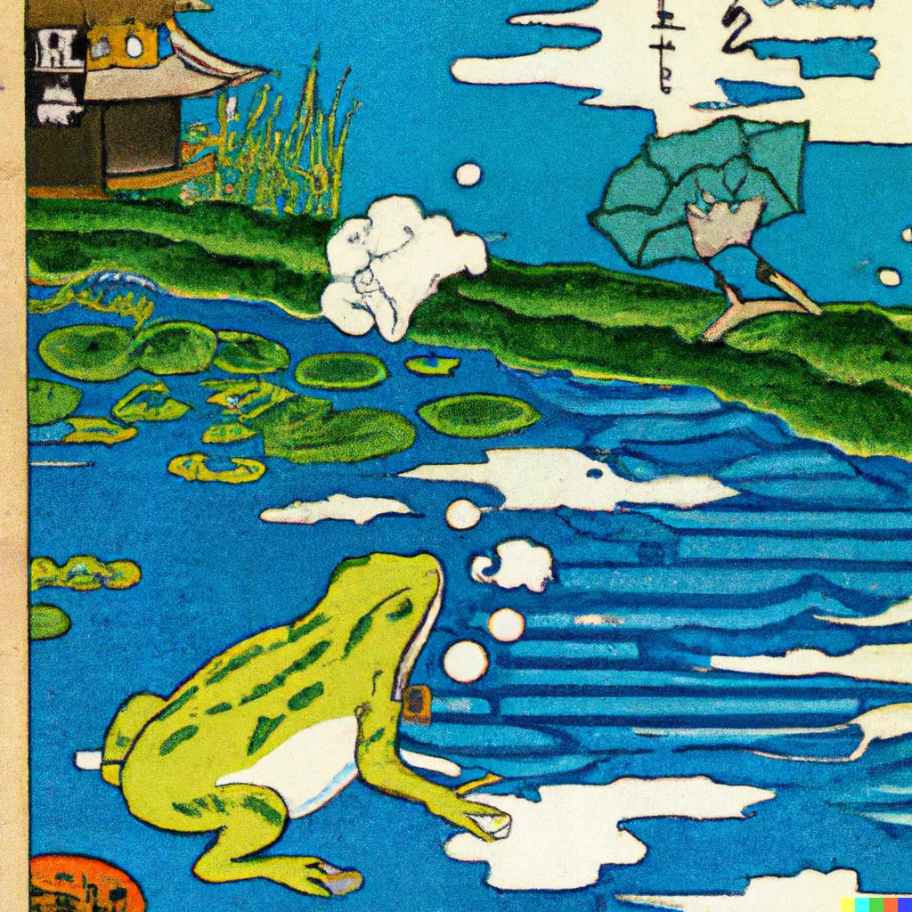 DALL-E 2 artwork for Frog 27, using the translation by G. S. Fraser. The lines of this print are sharp and crisp with little sign of wear and tear.