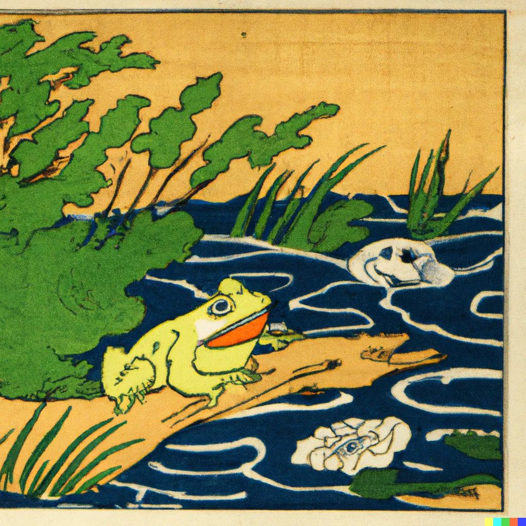 DALL-E 2 artwork for Frog 28, using the translation by G. S. Fraser. The browned paper and the sharp outlines surrounding matte colours give this image a modern feel.