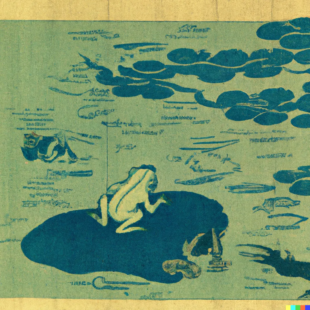 DALL-E 2 artwork for Frog 29, using the translation by Donald Keene. Printmakers would sometimes incorporate accompanying text directly into the pictures, such as by using the letters to decorate parts of it, or by blending the strokes of the characters into objects.