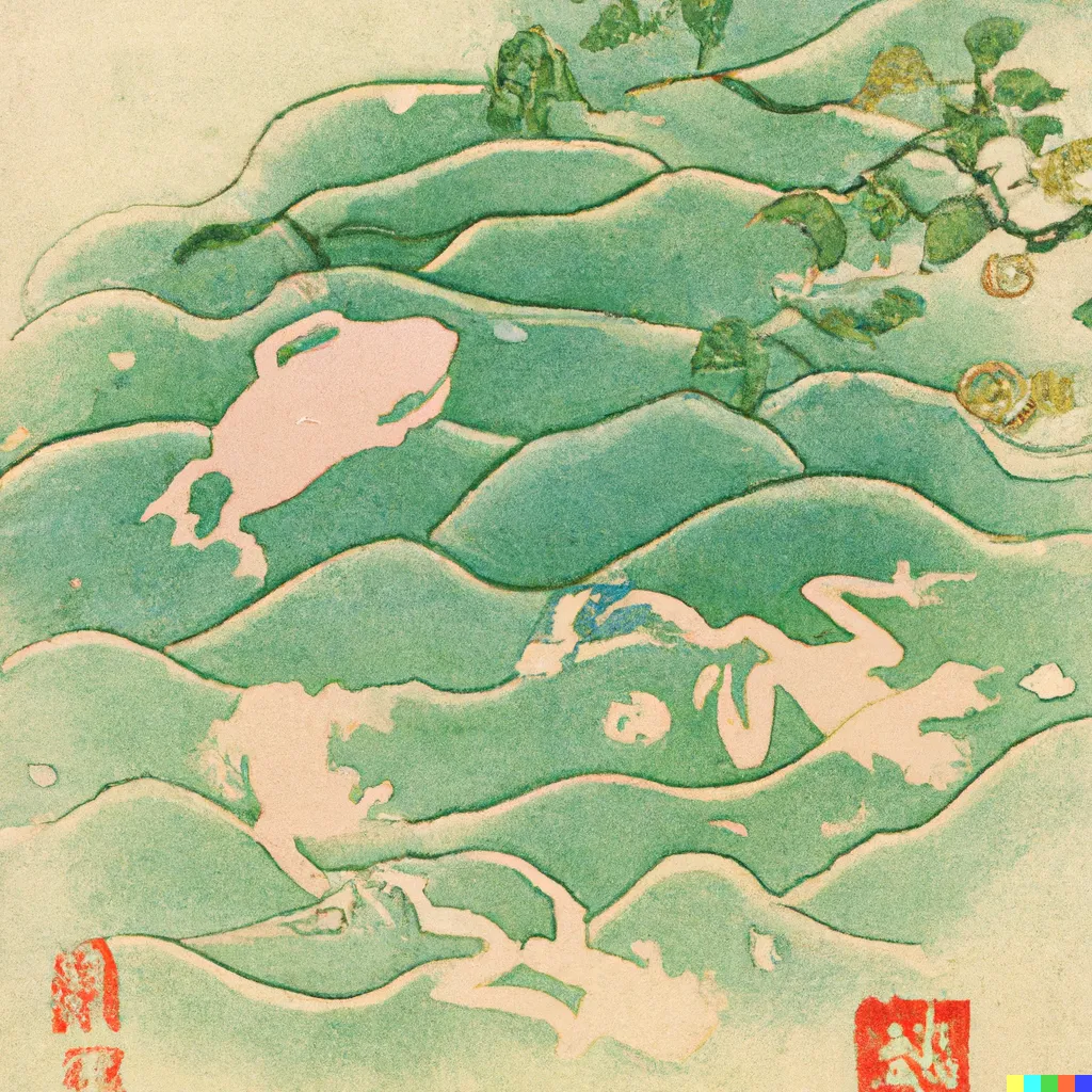 DALL-E 2 artwork for Frog 30, using the translation by Donald Keene. A roiling stream coarses through the image.