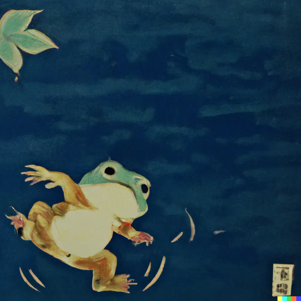 DALL-E 2 artwork for Frog 32, using the translation by Peter Beilenson. A sleepy frog jolts awake as it falls backward into a pool of water.
