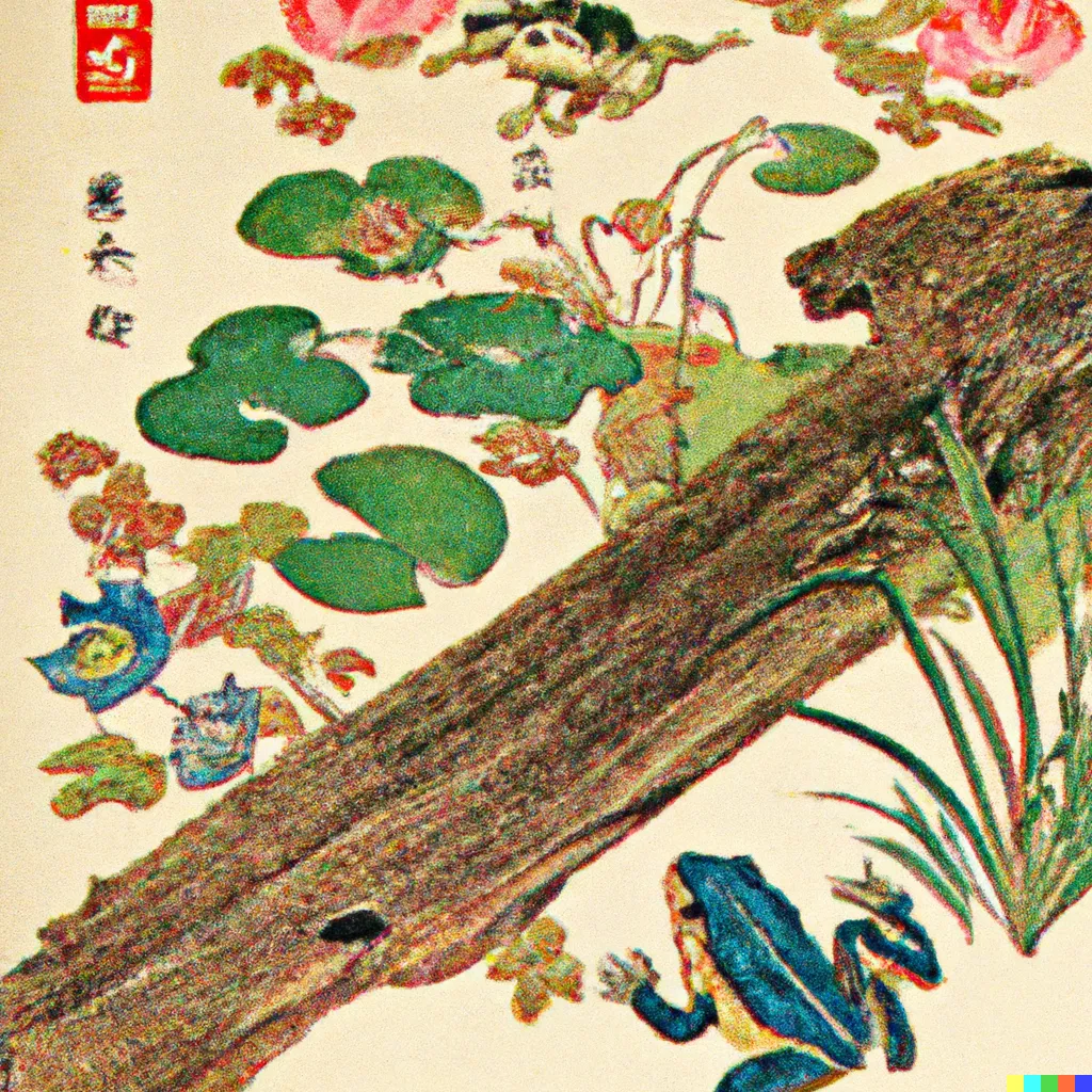 DALL-E 2 artwork for Frog 33, using the translation by Harold G. Henderson. The colourful, grainy texture of this image comes not from woodblock prints but from scanners which were used to scan some of the prints.